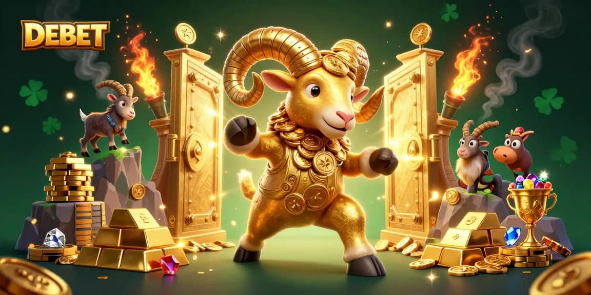 Engage in thrilling bets with DEBET, highlighted by a golden ram charging through a treasure-filled gateway.