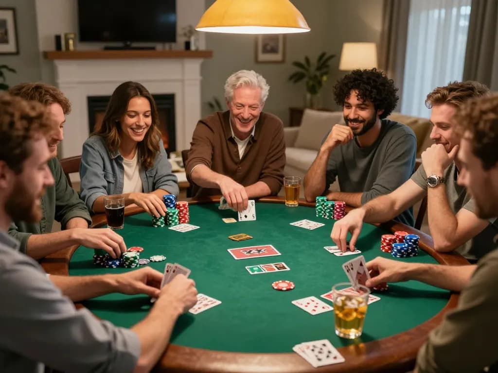 Friends enjoying a competitive poker night at home while playing F8BET, surrounded by chips and cards.