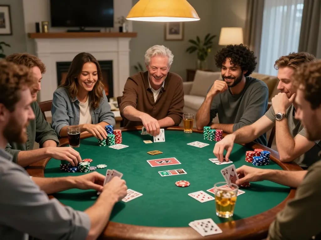 Friends enjoying a competitive poker night at home while playing F8BET, surrounded by chips and cards.