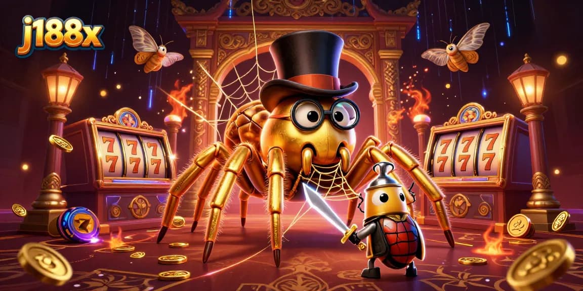 Experience thrilling wins at j188x with a vibrant scene showcasing a golden tarantula and adventurous characters.