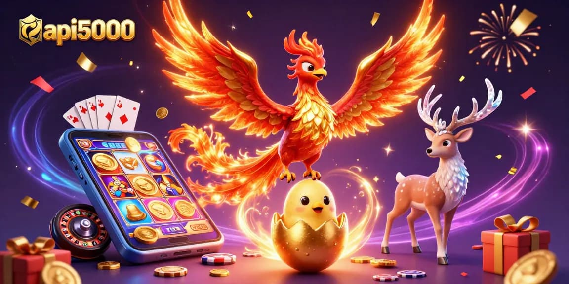 Menggunakan api5000, grafis 3D dengan phoenix terbang, simbol kasino, dan koin emas dalam suasana meriah.