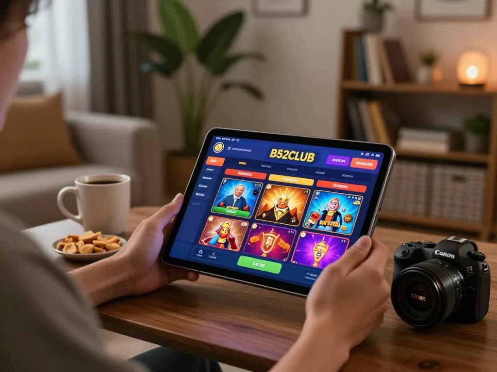 B52CLUB online player engaging in gaming strategy with tablet in cozy home setting