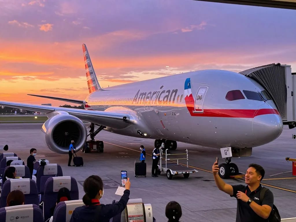 Explore the excitement of boarding an American Airlines Boeing 789P during sunset at the airport.