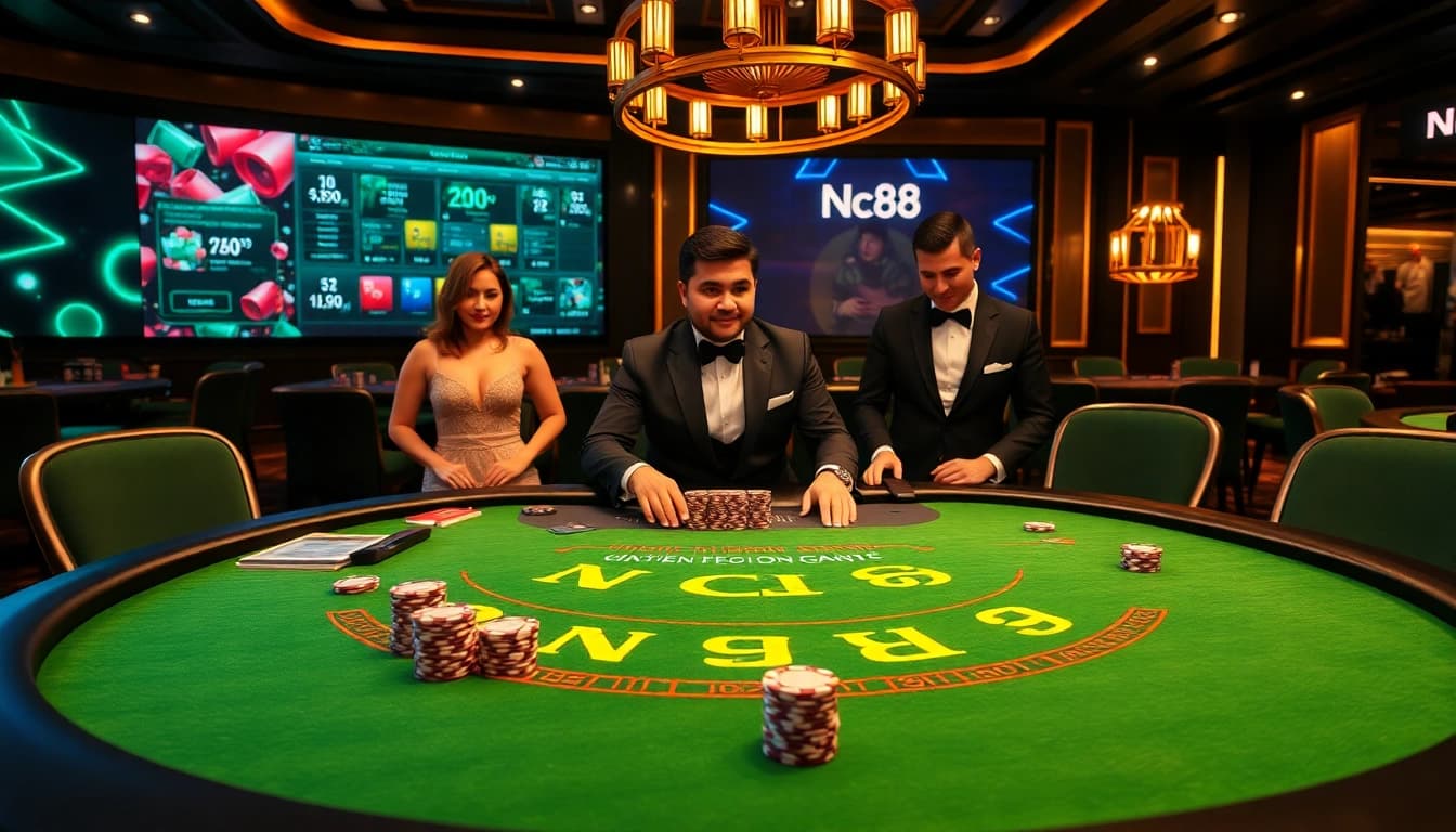 Experience an exciting Nc88 blackjack table with professional players and vibrant chips.