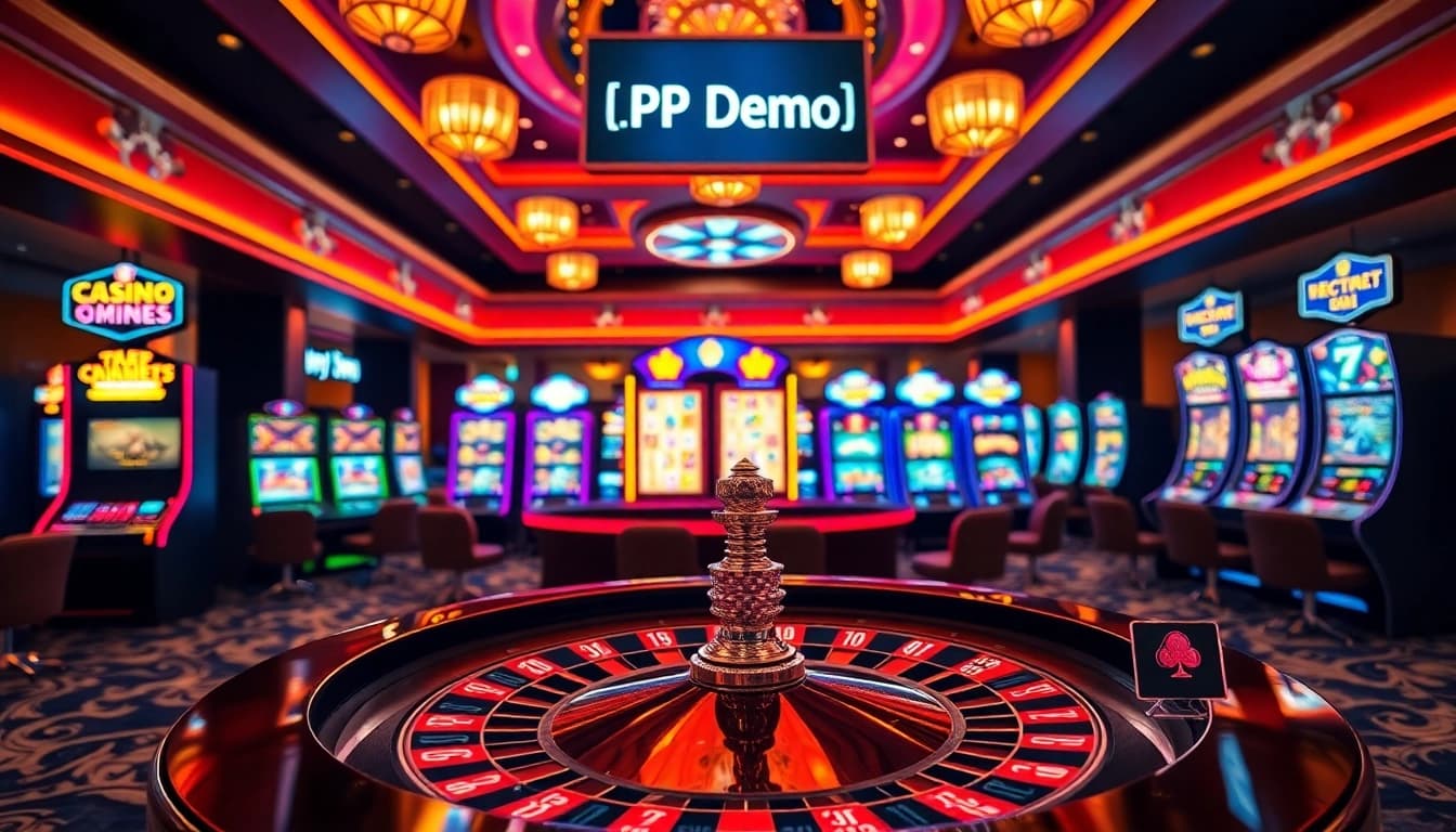 Experience the excitement of PP Demo with vibrant casino visuals showcasing roulette and slot machines.