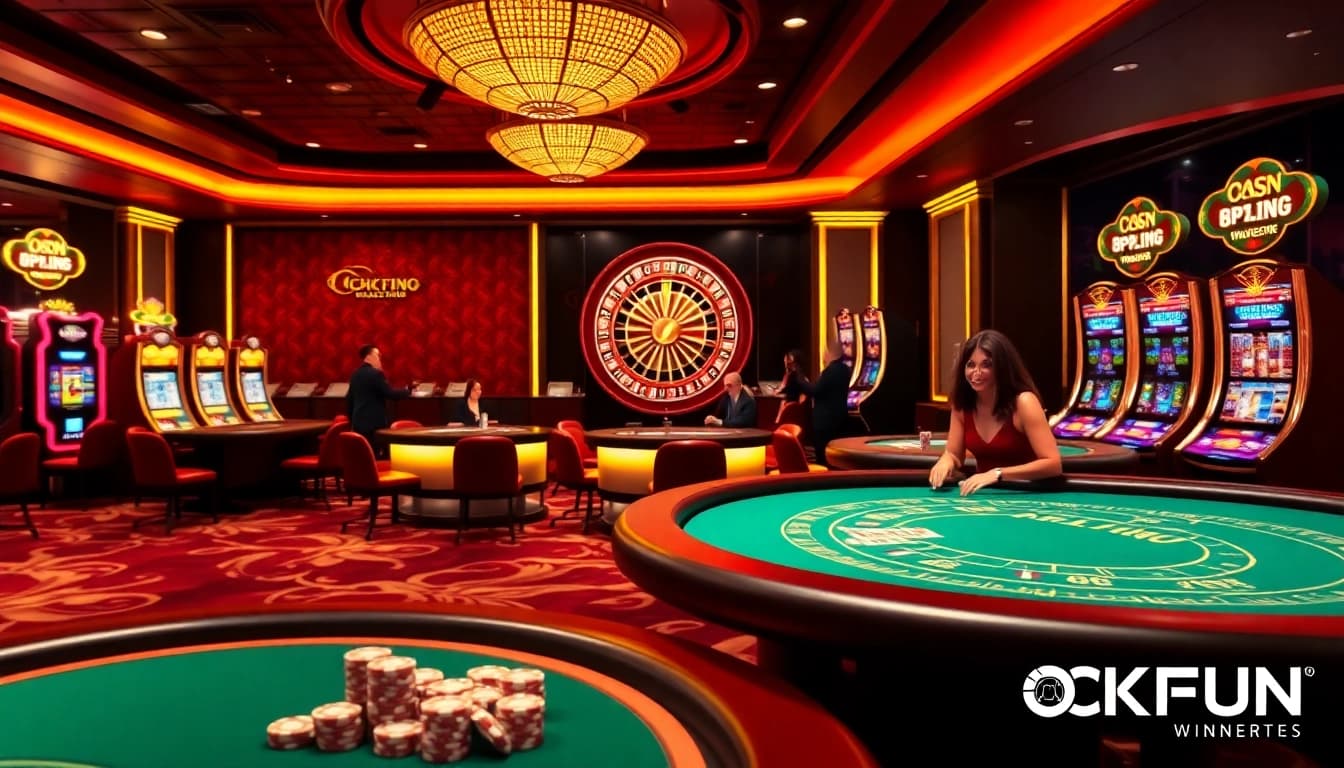 Players enjoying an exciting game night at OKFUN casino, filled with vibrant slot machines and poker tables.
