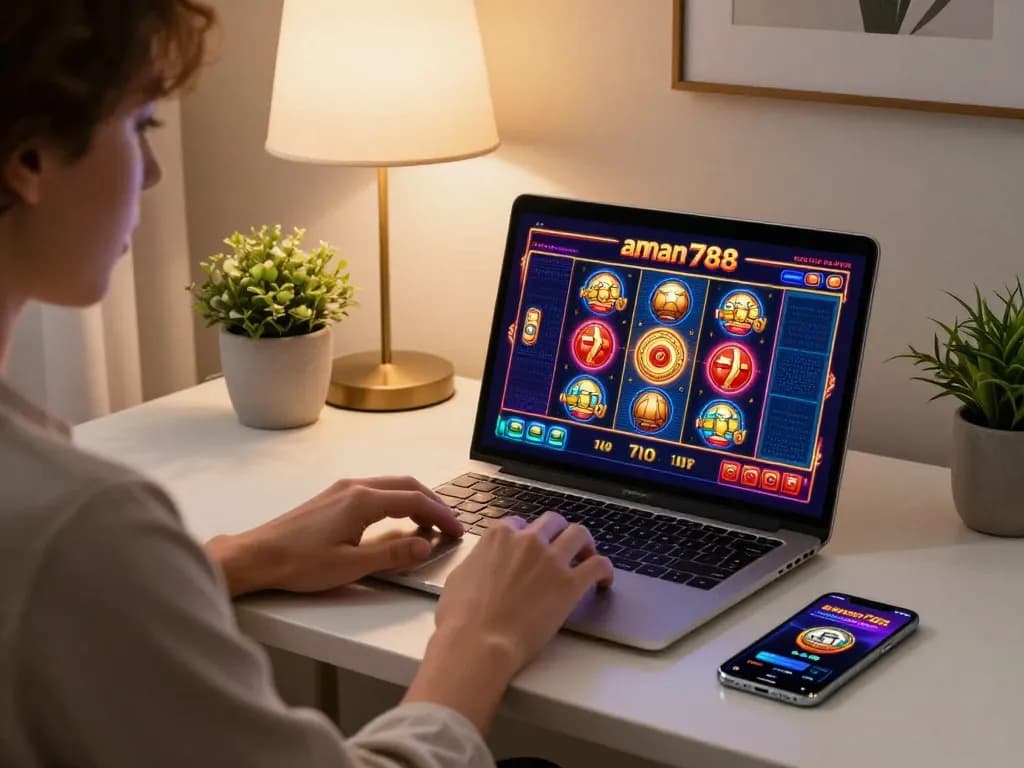 Terlibat dalam permainan online dengan aman788 di laptop dalam pengaturan rumah yang nyaman.
