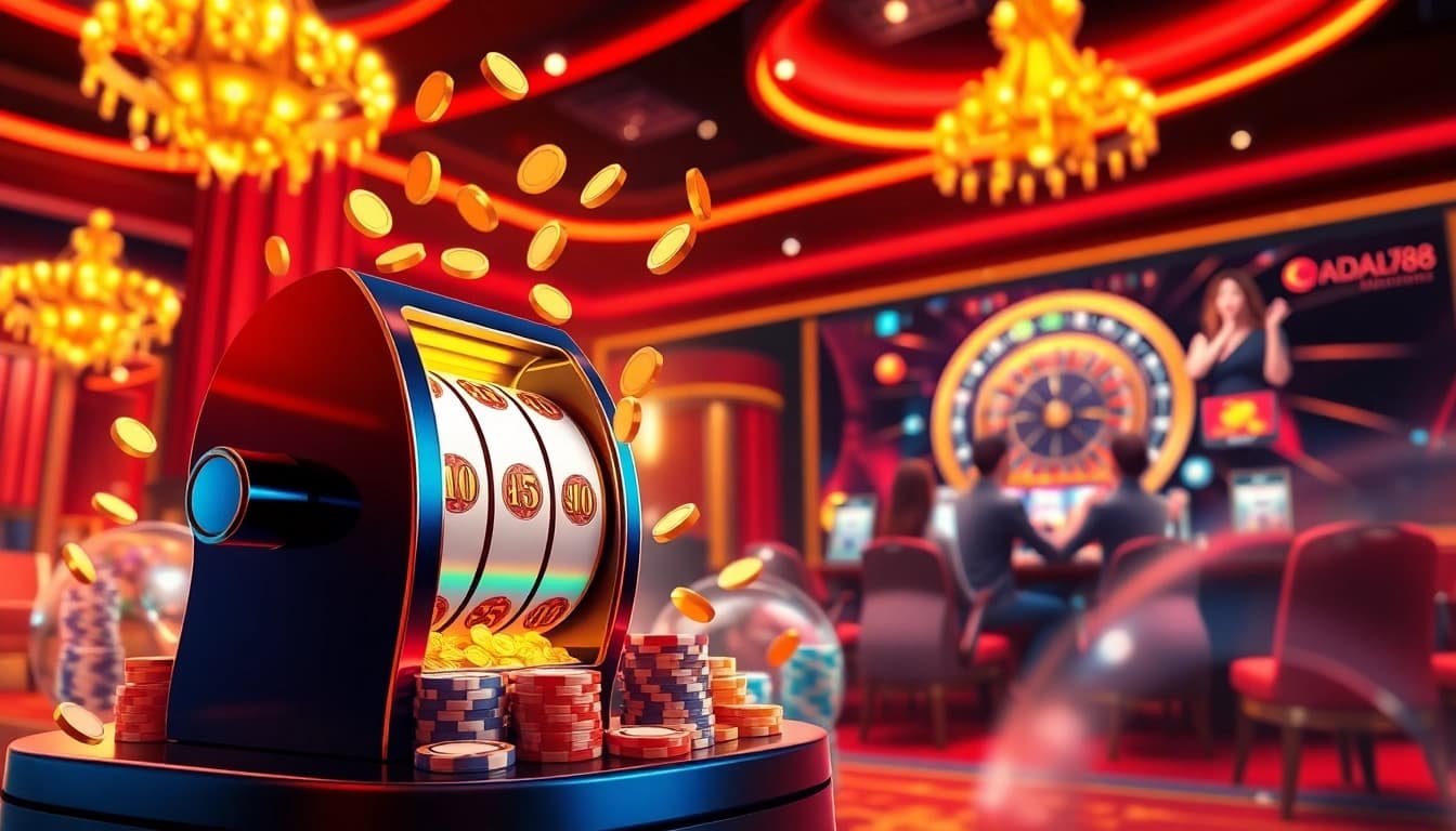 Sebuah adegan kasino yang dinamis menampilkan kegembiraan slot online aman788 dengan visual yang vibrant dan permainan yang mendebarkan.