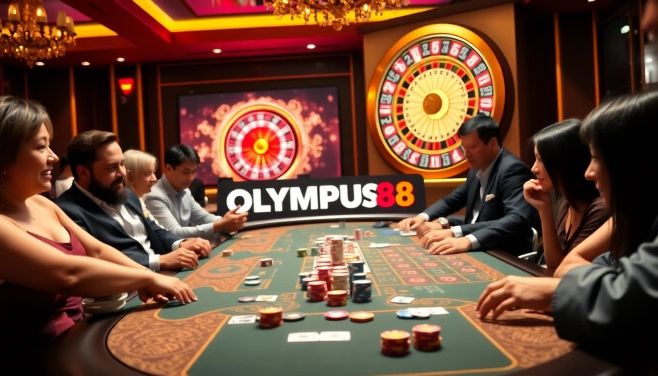 Exciting gameplay at OLYMPUS88 casino table with vibrant poker chips and cards.