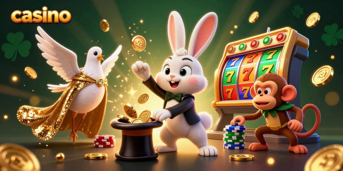 Experience the excitement of a casino with vibrant characters, golden coins, and spinning slot reels.