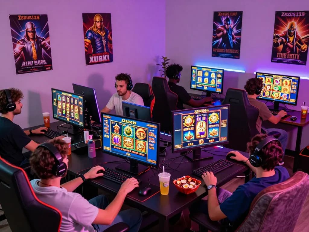 Exciting gaming scene with players enjoying Zeus138 slot games at home, colorful slot graphics and a lively atmosphere.