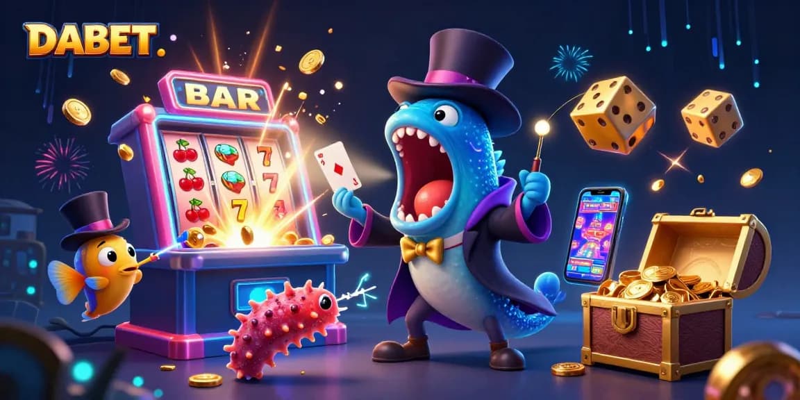 DABET brings excitement to casino gaming with a vibrant 3D illustration of card tricks and jackpots.