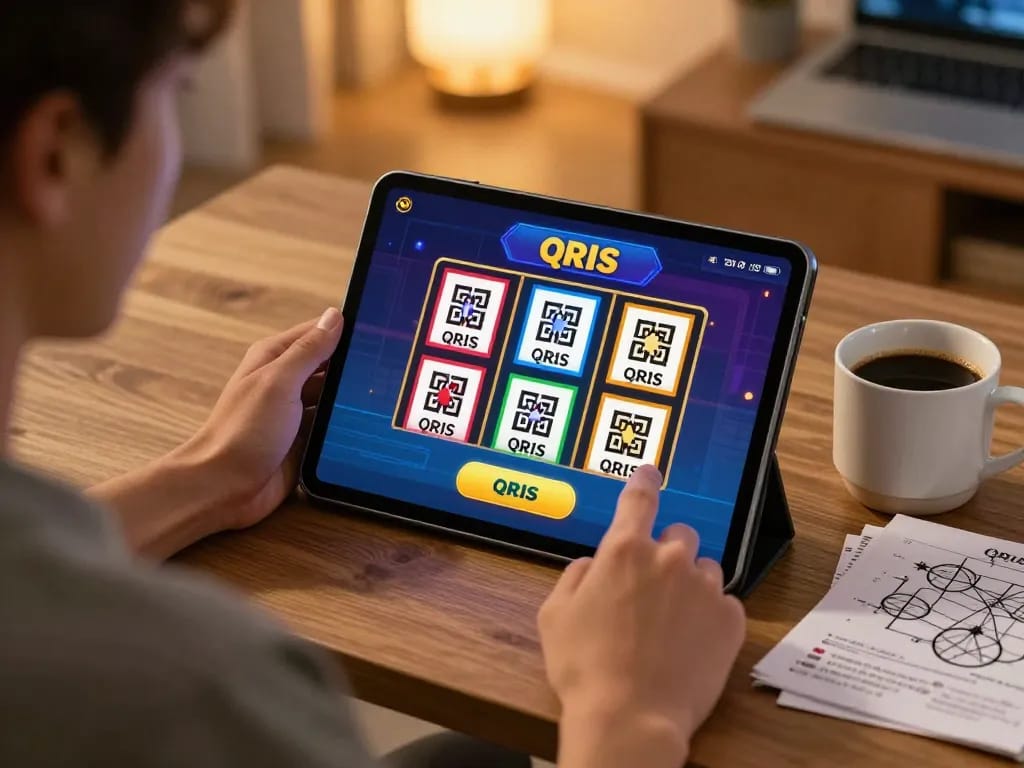 Player engaging with a slot QRIS game on a tablet in a cozy home setting, showcasing seamless online gambling.