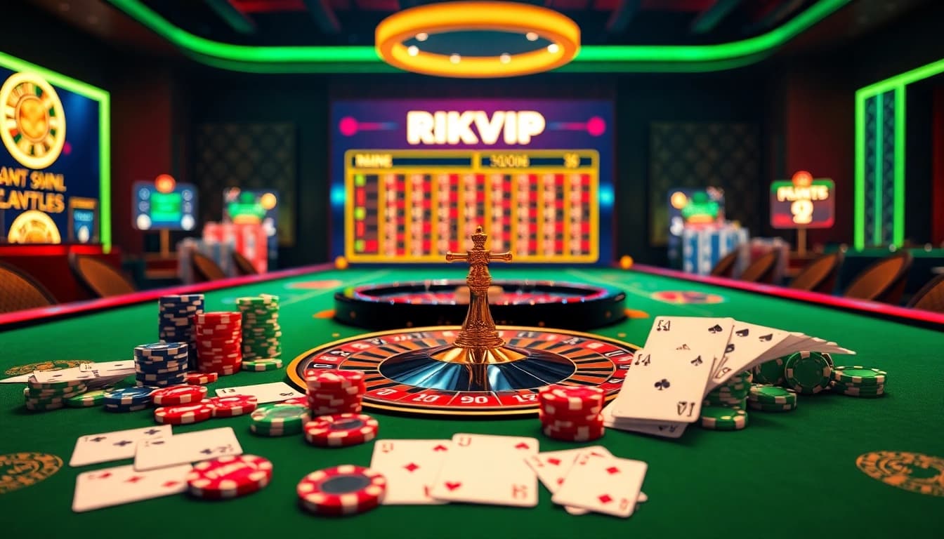 Experience the thrill of Rikvip with vibrant poker chips and roulette at a luxurious casino table.