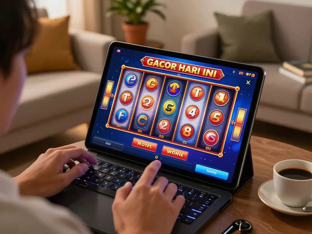 Engaging with slot gacor hari ini on a tablet at home, offering a thrilling online gambling experience.