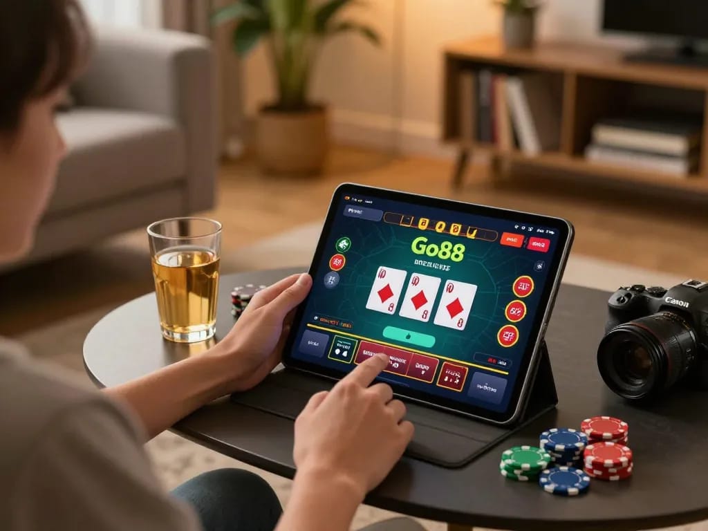 Giao lưu với ứng dụng casino trực tuyến của Go88 trên máy tính bảng, thể hiện trò chơi với dealer trực tiếp trong không gian ấm cúng tại nhà.