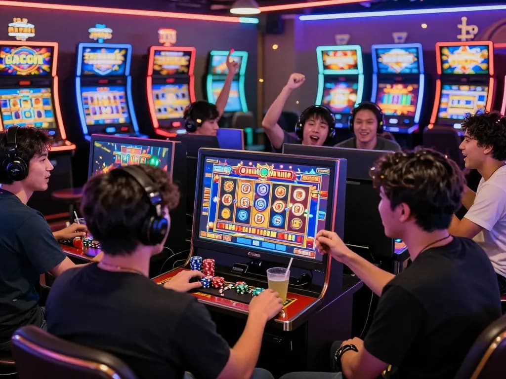 Pemain menikmati permainan slot gacor yang berwarna-warni dengan konfeti dan kegembiraan di lingkungan permainan online modern.