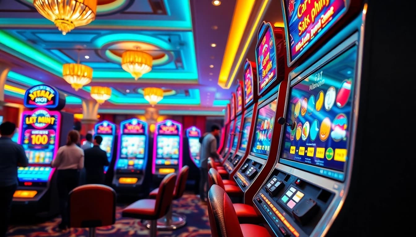 Engage with Singapore Slots in a lively casino setting featuring vibrant machines.