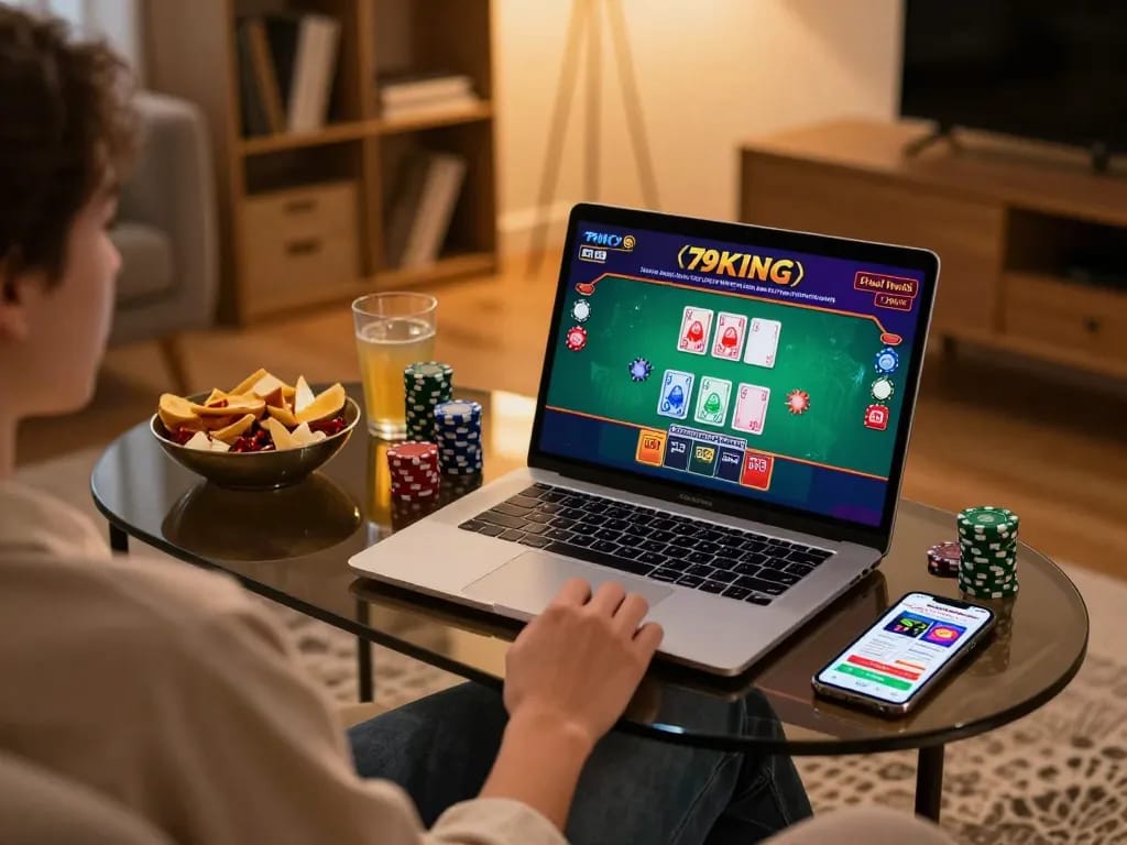 Engaged player using 79KING online casino app at home, showcasing blackjack gameplay on laptop.