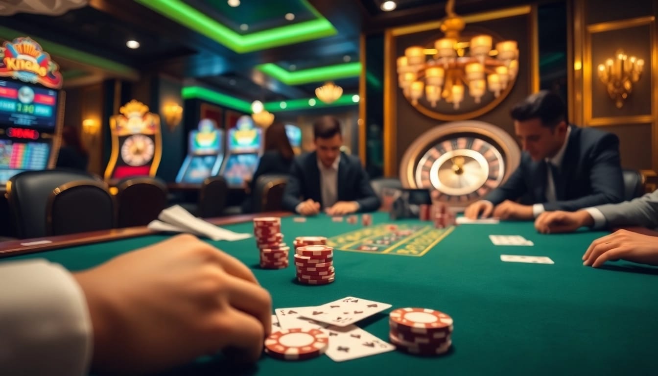 Experience the thrill of winning with 68win at an upscale poker table in a lavish casino.