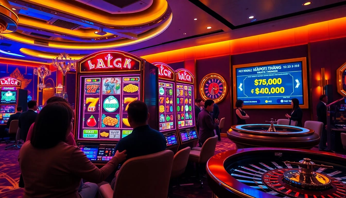 Nổ Hũ Đổi Thưởng slot machine spinning, vibrant atmosphere of excitement in a luxury casino setting.