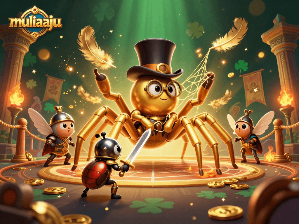 Engage with muliaaju's vibrant casino scene featuring a golden tarantula and adventurous beetle knight amidst swirling gold.