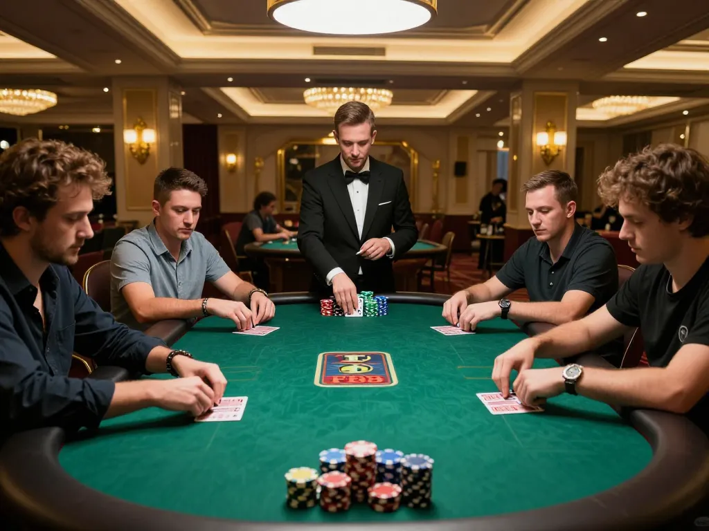 FB88 players engaging in an intense high-stakes poker game with stacked chips and focused expressions.