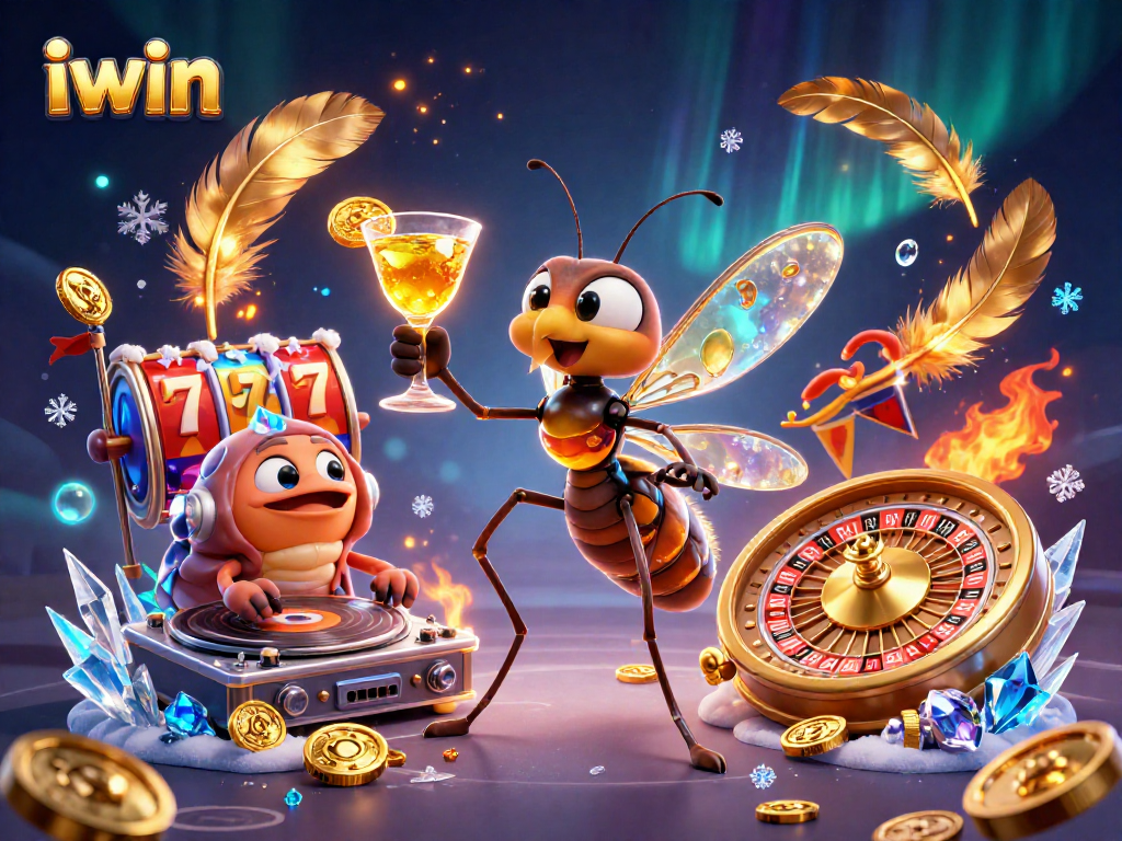 Engage with iwin's vibrant casino scene featuring a lively mosquito mascot and trilobite DJ.