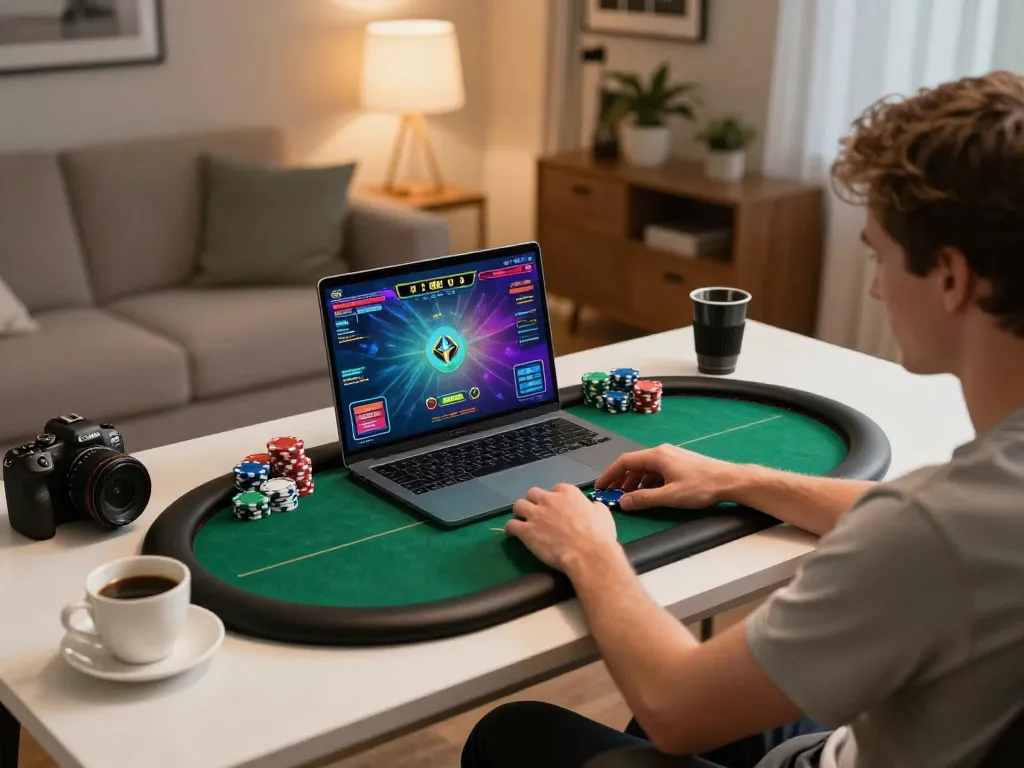 Engaged player using laptop for online sunwin poker game, showcasing comfortable home gaming setup.