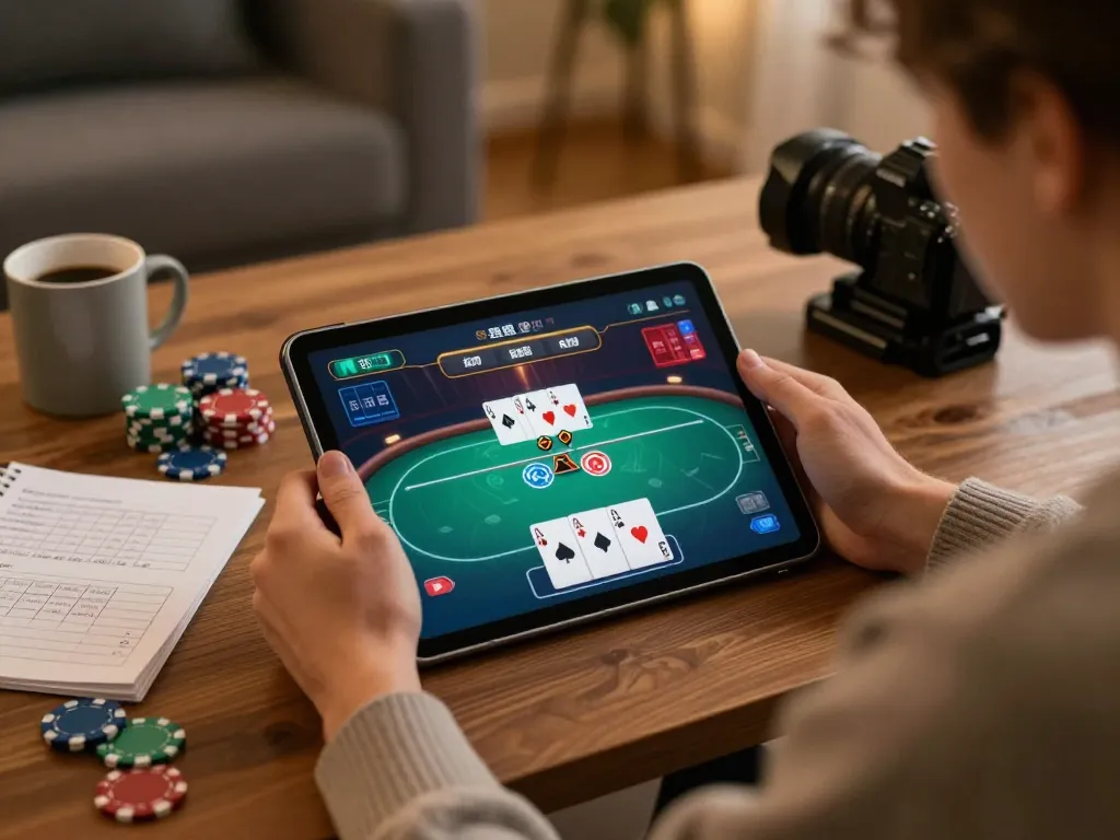 Play high-stakes poker online at okwin using a tablet, showcasing exciting gameplay.