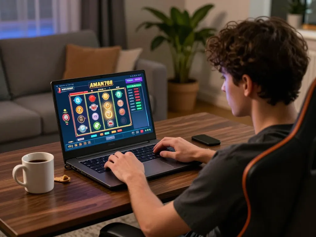 Player engaged in AMAN788 slot game on a laptop, cozy home gaming setup