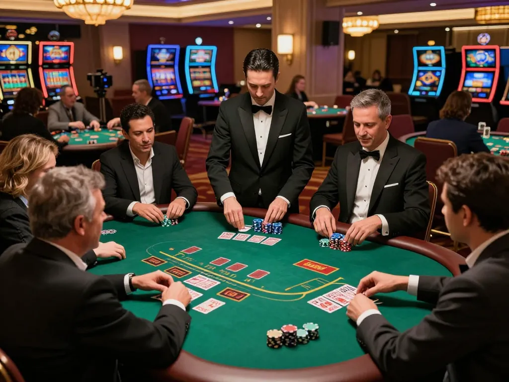 Hit club blackjack players strategizing bets at a luxurious casino.