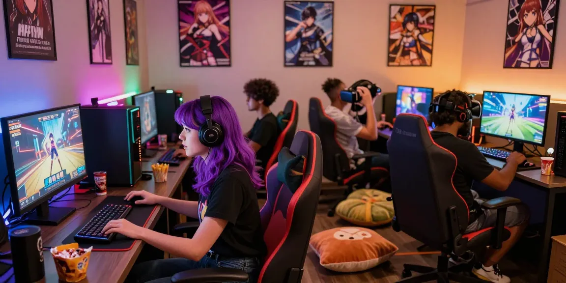 Group enjoying an ecchi game in a vibrant gaming lounge with dynamic visuals.
