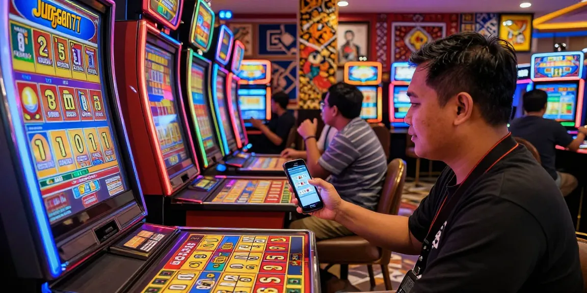 Gambler menggunakan aplikasi juragan77 di lingkungan kasino penuh warna.