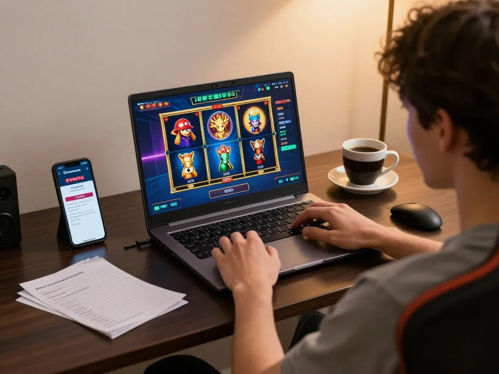 Player engages with LGOGOAL casino app while enjoying an online slot game at home