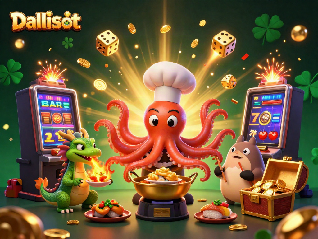 Experience the excitement of Daftar balisot with vibrant casino action, featuring a sushi chef octopus, dragon, and tanuki.