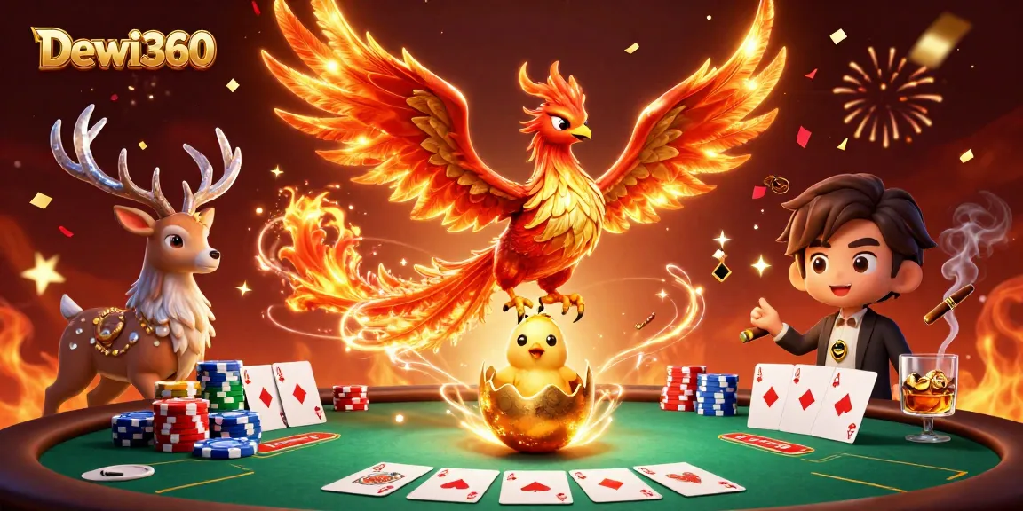 Dewi360 menangkap keseruan permainan poker dengan phoenix menyala dan elemen kasino yang dinamis.