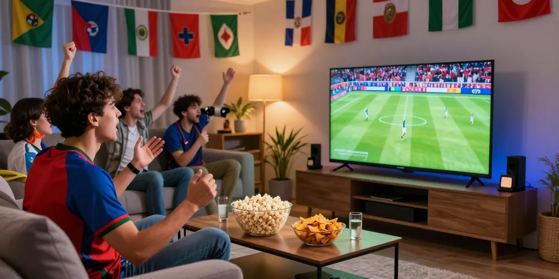 Fan enjoying World Cup 2026 live match at home with snacks and excitement.