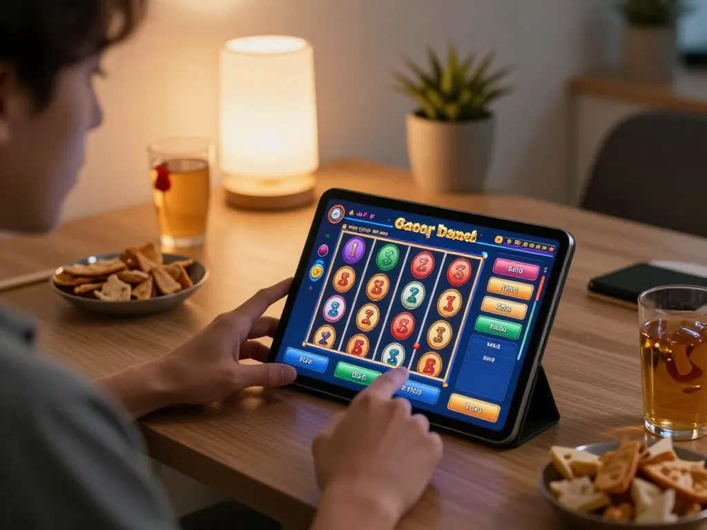 Engaging in slot gacor gameplay on a tablet, showcasing dynamic game interface and cozy atmosphere