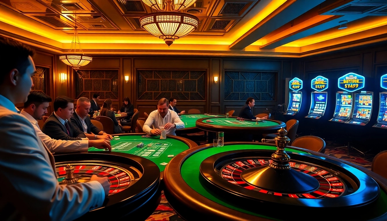 Experience the excitement of DF999 casino games with players engaged at vibrant tables and slot machines.