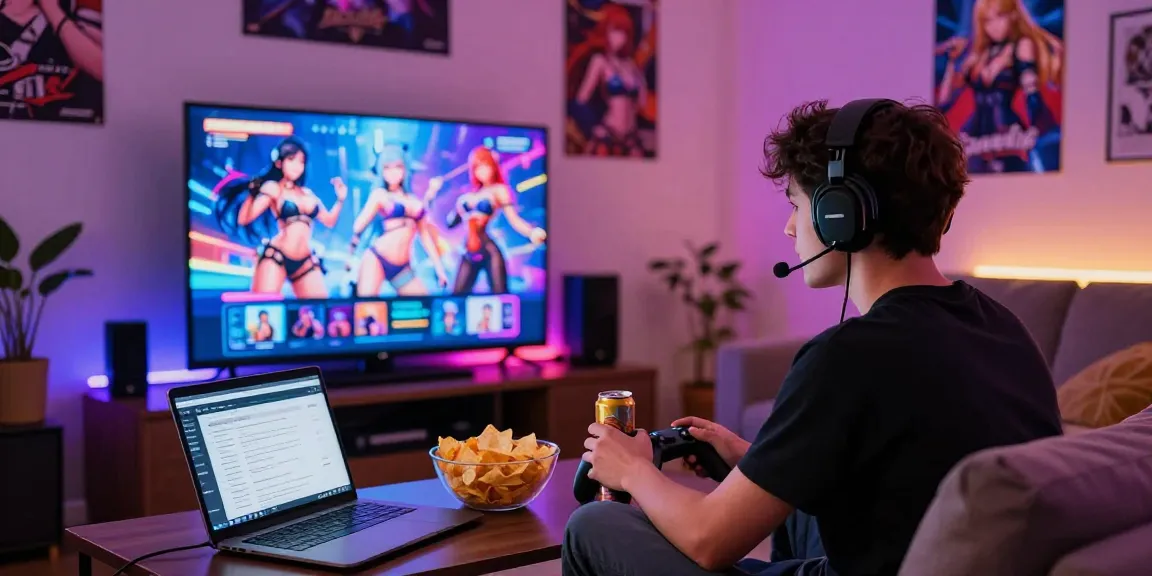 Engaged gamer playing hentai games in a cozy living room setup with vibrant neon lights.