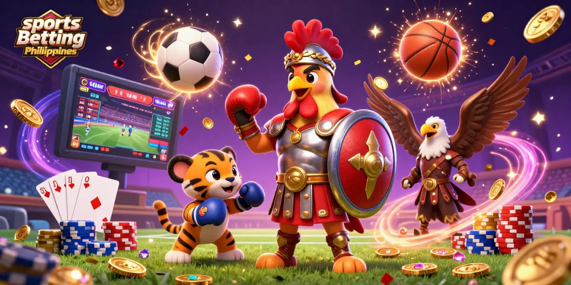 Engage in sports betting Philippines as a gladiator rooster battles with excitement amidst vibrant casino elements.