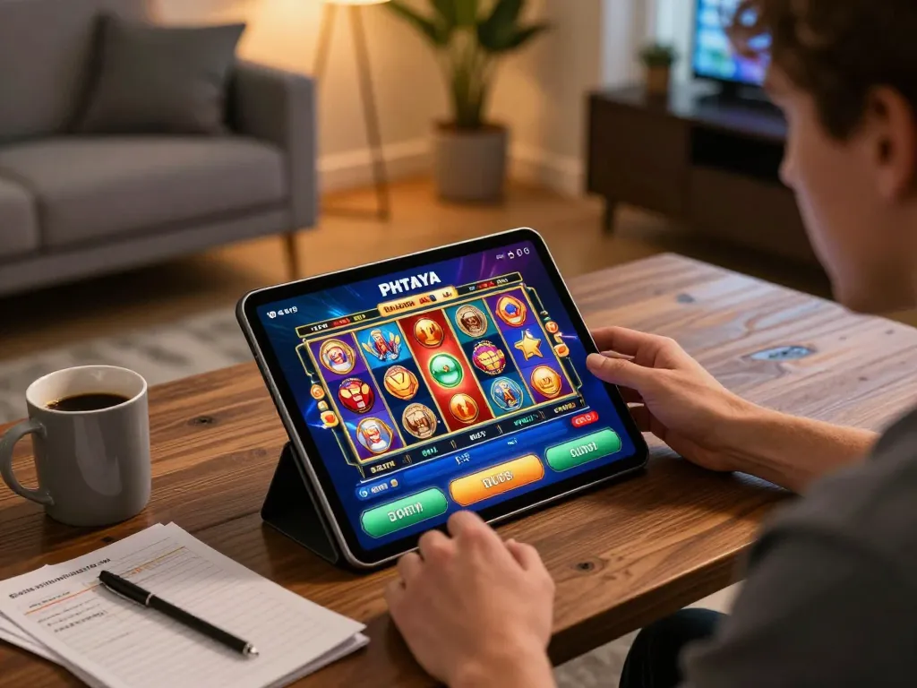 PHTAYA player enjoying online slots on tablet in a cozy home environment