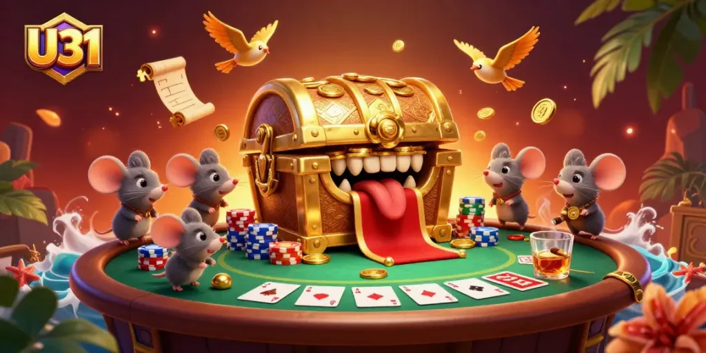 Experience thrilling gaming at U31 casino with golden treasures and vibrant poker action.
