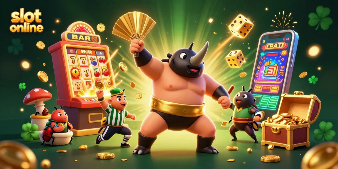 Slot online menghadirkan momen menang dengan karakter unik dan slot mesin bertema ceria dalam ilustrasi imersif.