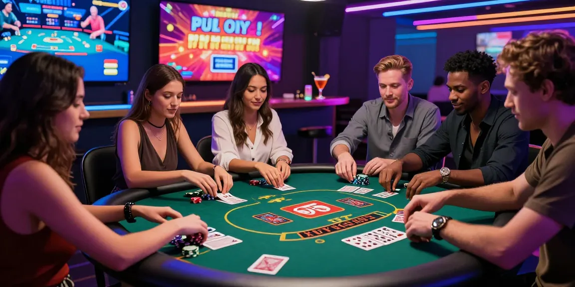 Friends enjoying credit card casinos at a high-tech gaming table, showcasing vibrant atmosphere and interactive gameplay.