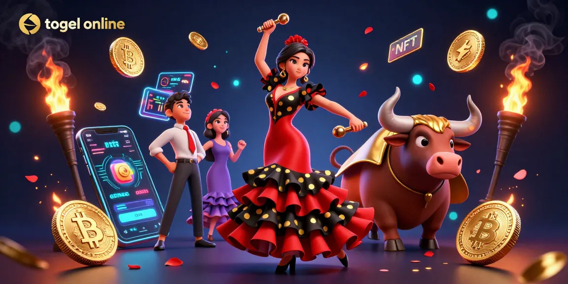 Ikuti togel online dengan ilustrasi cerah yang menggambarkan penari flamenco dan banteng yang bertarung di tengah koin bercahaya dan analitik.