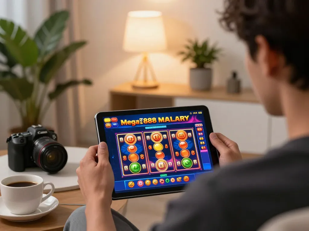 Mega888 Malaysia Trusted user enjoying online gaming on tablet in cozy home setup