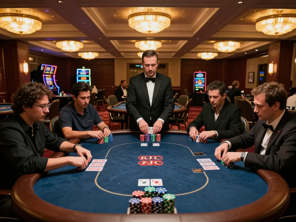 KJC poker players strategizing at high-stakes table in upscale casino atmosphere.