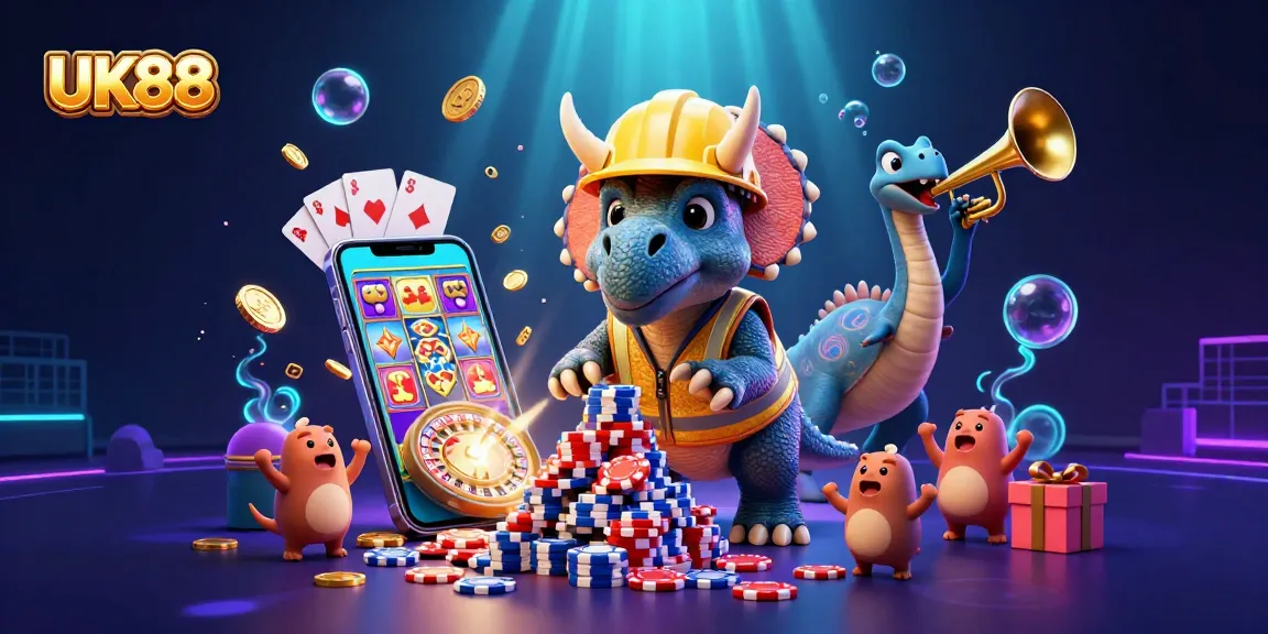 Experience UK88's vibrant casino scene with a triceratops building chip pyramids and celebrating creatures.